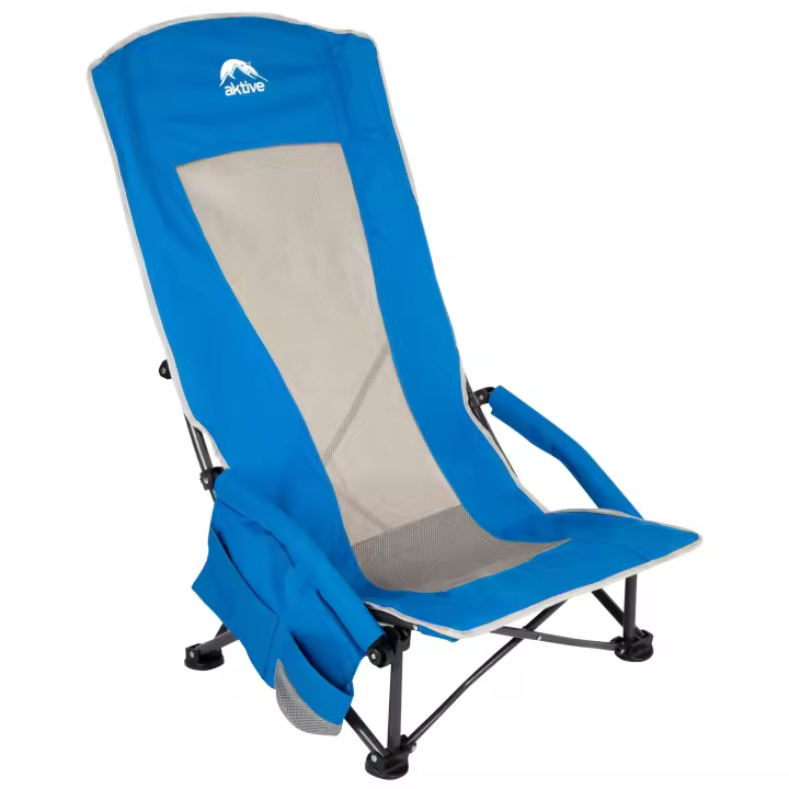 Aktive - Silla plegable, 55x45x95 cm, asiento bajo, respaldo alto, incluye bolsillo, posavasos, topes antivuelco, peso máx 110 kg, estructura acero, tejido poliéster, asa transporte de hombro, sillas plegables, silla plegable baja - 1