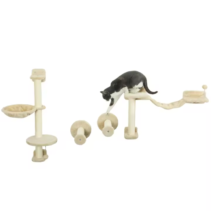 PawHut Juego de Estanterías para Gatos de 4 Piezas Rascador de Pared para Gatos con Hamaca Postes Rascadores Escalera Blanda Bola Plataformas para Saltar Beige - 1