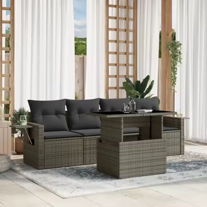 vidaXL Juego de sofás jardín con cojines 5 pzas ratán sintético gris - 1