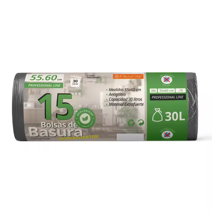 Bolsas Basura, Bolsas Basura 30L, Resistentes, Material 100% Reciclado y Reciclables , Antigoteo, Bolsas con Autocierre Fácil, Apta para Todo Tipo de Desechos, 55x60 cm - Ofituria (15 bolsas, 30L) - 1