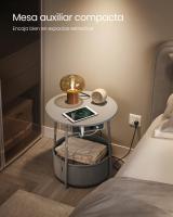 Mesa Auxiliar Redonda con Tomas de Corriente y Cesta de Tela - Espaciosa Mesa Lateral para Salón, Dormitorio o Mesita de Noche, Estilo Moderno - details 10