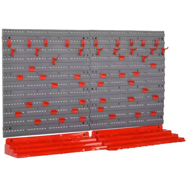 DURHAND Estantería de Pared con Sistema de Almacenamiento 95,5x23x53,5 cm Soporte de Herramientas con 54 Piezas 50 Ganchos para Taller Garajes Rojo y Gris - 1