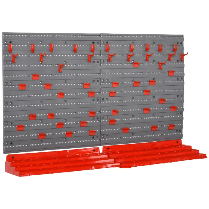 DURHAND Estantería de Pared con Sistema de Almacenamiento 95,5x23x53,5 cm Soporte de Herramientas con 54 Piezas 50 Ganchos para Taller Garajes Rojo y Gris - 1