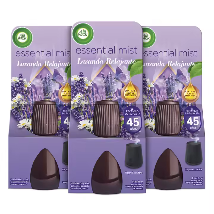 Air Wick Essential Mist - Ambientador difusor aceites esenciales para casa con aroma a Lavanda - 3 Recambios - 1