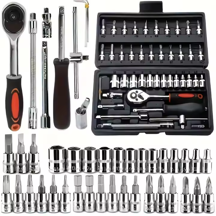 Estuche para herramientas con juego de llaves de vaso y puntas, 1/4 de pulgada (24 dientes), 46 piezas - 1
