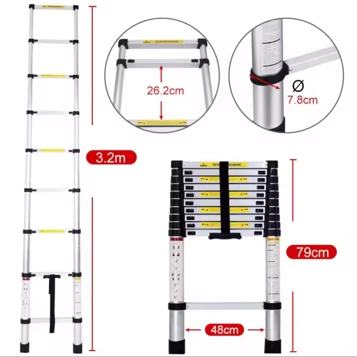 Escalera Plegable Aluminio Material de Alta Calidad y Duradero -Desde 2.0 metros Hasta 4,4 metros - Distintas Alturas Disponibles ,Escalera Telescópica de Aluminio Multiusos EN131 (ES001 3699 4699 6599 7999 8999) - 1
