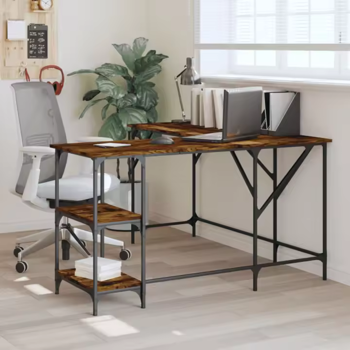 vidaXL Escritorio madera de ingeniería 139x139x75 cm en color Roble ahumado/Negro/Marrón roble y más | estructura resistente ideal para salón dormitorio o estudio - 1
