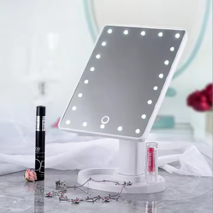 Espejo de tocador con luces LED, 22 luces LED, sensor táctil con atenuación ajustable, doble fuente de alimentación y rotación de 180°. - 1
