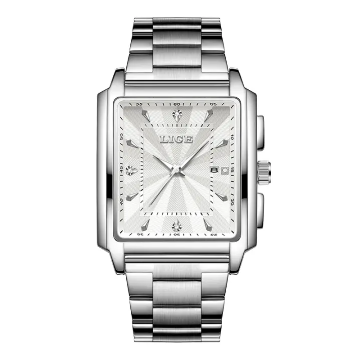 Reloj De Pulsera Deportivo De Moda LIGE Para Hombres Cuadrado Impermeable De Lujo Militar Cuarzo Cronógrafo De Acero Inoxidable Con Manos Luminosas Y Fecha Automática - 1