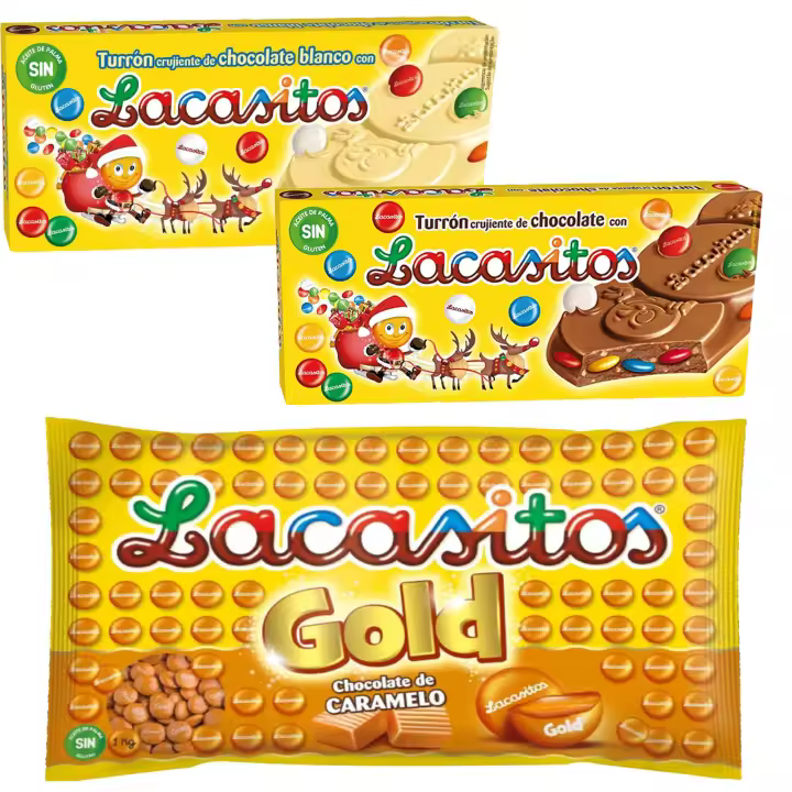 Pack Lacasitos turrón de chocolate blanco 215 g,de chocolate con leche 215 g,gold bolsa 1kg - 1