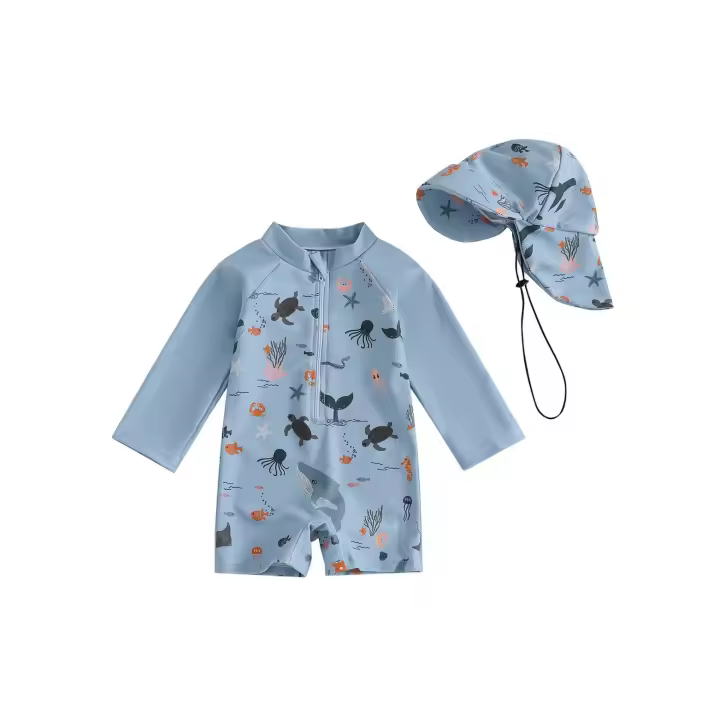 Traje de baño infantil manga larga con gorro - Tallas 70-80-90-100-110-120 cm - 1