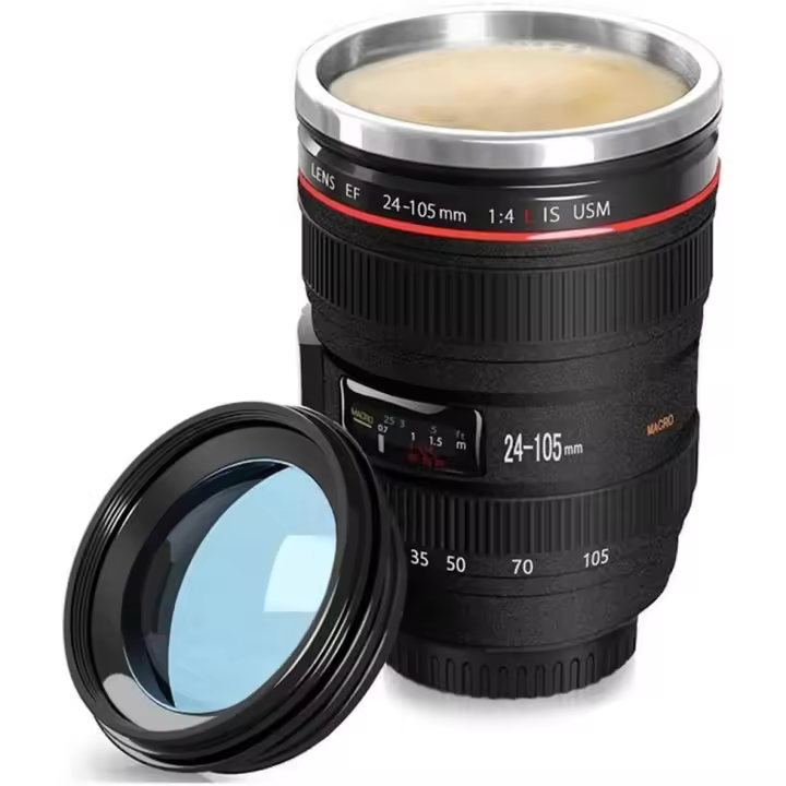 Taza de café de 350 ml con forma de lente de cámara, taza caliente de acero inoxidable con tapa - 1