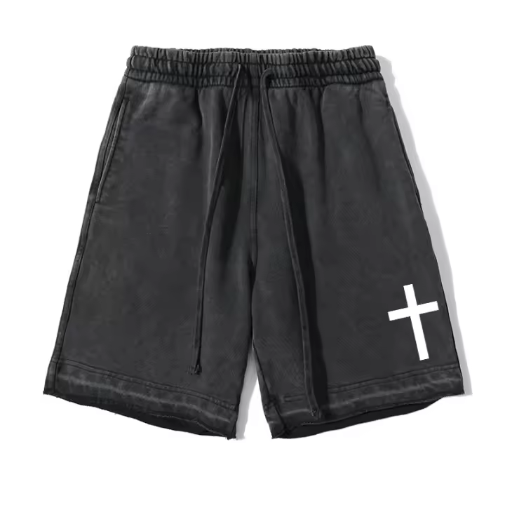 Shorts De Algodón Vintage Lavados Con Impresión Cruzada Para Hombres Shorts Casuales Cristianos Con Bolsillos Y Cinturón Ajustable Para Gimnasio Y Ejercicio - 1