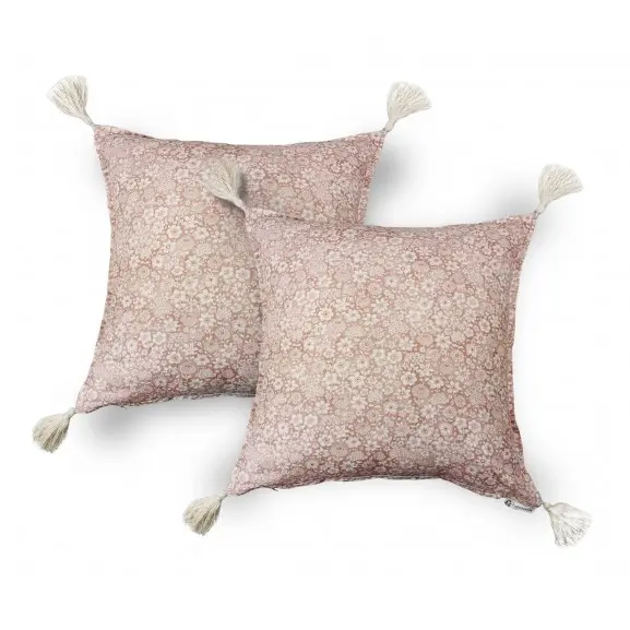 TAPIDECOR 2 Fundas Cojín Decorativo Rosa Palo Flores 45x45 Borlas - 1