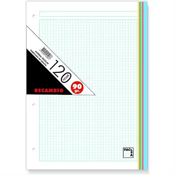 Recambio Pacsa 120 hojas 90 gramos con 4 taladros - rayado 5x5 - franja de 5 colores - 1
