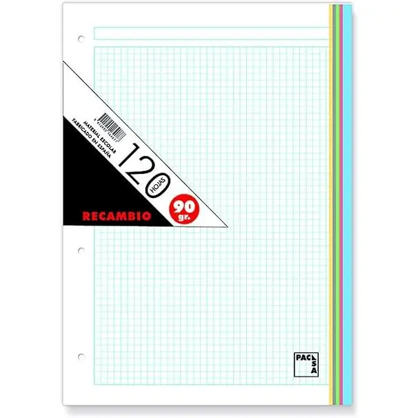 Recambio Pacsa 120 hojas 90 gramos con 4 taladros - rayado 5x5 - franja de 5 colores - 1