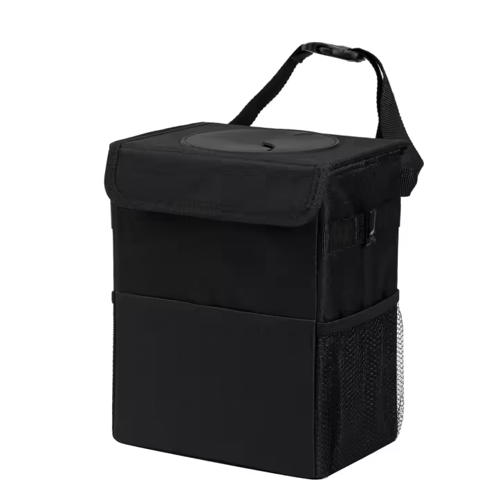 Cubo de basura para coche con tapa, a prueba de fugas, 3 bolsillos de almacenamiento, bolsa de basura impermeable para coche, para SUV, color negro - 1