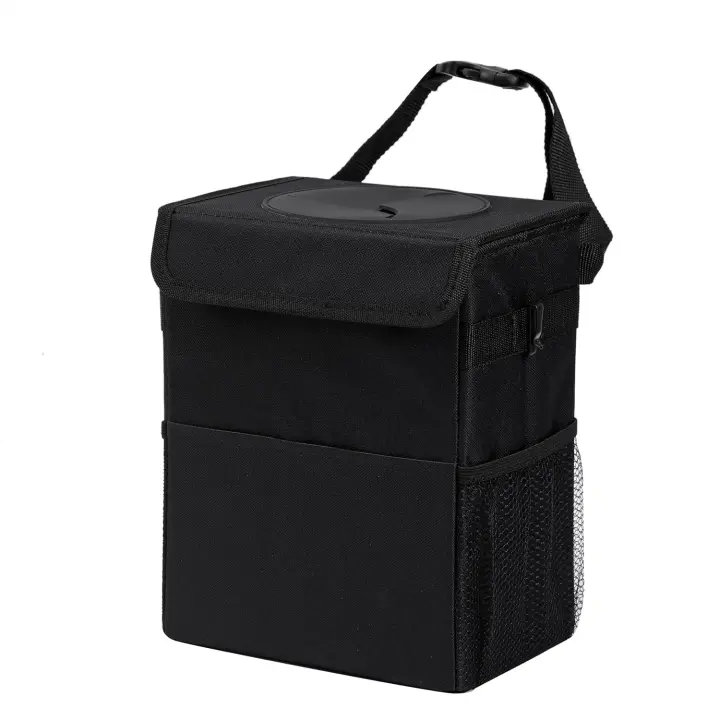 Cubo de basura para coche con tapa, a prueba de fugas, 3 bolsillos de almacenamiento, bolsa de basura impermeable para coche, para SUV, color negro - 1