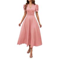 Vestido Elegante De Fiesta Para Mujer Cintura Alta A-Line De Color Sólido Con Manga Corta Estilo Francés Vestido De Cintura Cinchada Temperamento - details 2