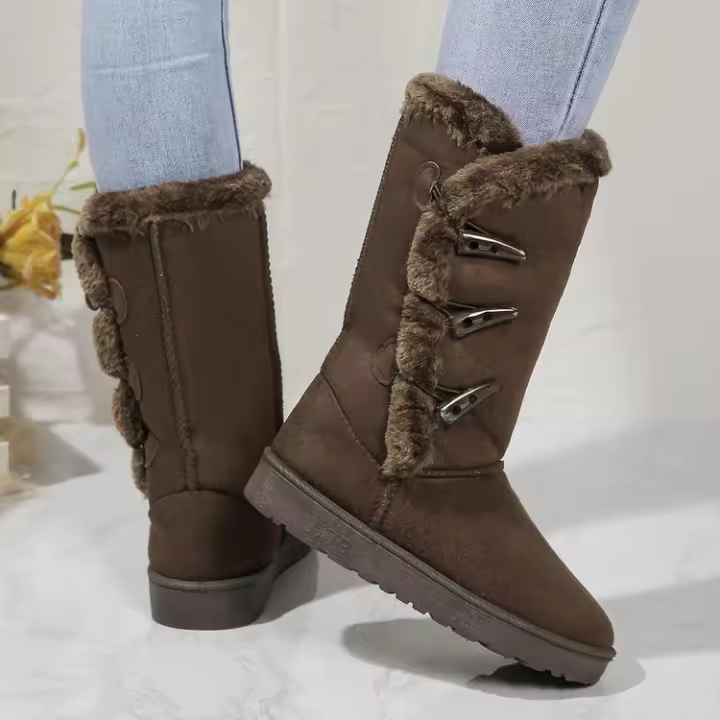 Botas De Nieve Clásicas De Peluche Para Mujer Botines De Piel De Oveja Calientes Invierno Nuevo 2024 Botines De Almohadilla De Poliuretano Suela De Madera Botas De Rodilla Alto Material De Suela De Terciopelo - 1