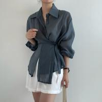 Camisa Casual Para Mujer Suelta Con Cinturón Y Cuello En V Vintage De Manga Larga Transpirable Para Oficina Y Uso Diario - details 9