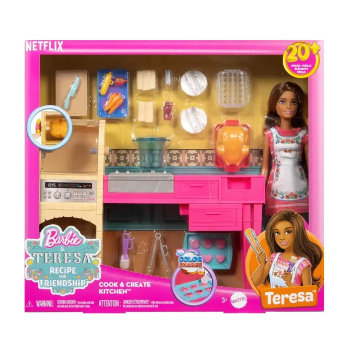 Barbie and Teresa Recipe for Friendship Teresa Muñeca de moda y conjunto de juego de cocina con más de 20 accesorios, que incluyen galletas que cambian de color (Mattel JCT06) - 1