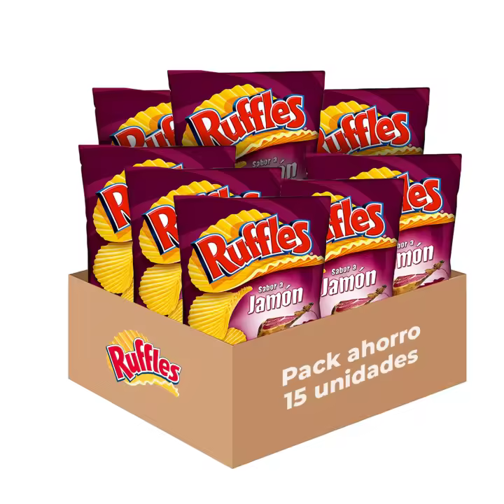 Ruffles Jamón - Patatas Fritas Crujientes Sabor Jamón, Pack de 15 Bolsas de Patatillas Deliciosas, Onduladas e Irresistibles, Snack y Aperitivo, Total: 15 x 45g = 675 g - 1