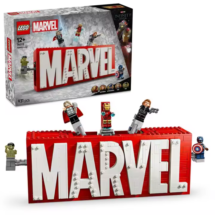 LEGO 76313 Marvel Logotipo MARVEL, Minifiguras de Vengadores Capitán América, Hulk, Thor, Iron-Man y Viuda Negra, Maqueta 3D de Decoración, Juguete de Superhéroes para Niños y Niñas de 12 Años o Más - 1