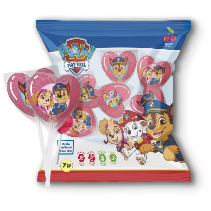 dekora - Piruletas Corazón Patrulla Canina sin Gluten – Bolsa 7 Unidades – Chuches Infantiles para Cumpleaños, Piñatas y Fiestas – Sin Lactosa, Vegetarianas y con Palito de Papel Ecológico - 1
