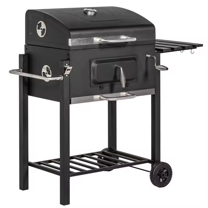 Outsunny Barbacoa de Carbón con Ruedas Barbacoa con Tapa Parrillas de Acero Inoxidable Termómetro Brasero Ajustable Bandeja Lateral y Estante 113x65x108 cm Negro - 1