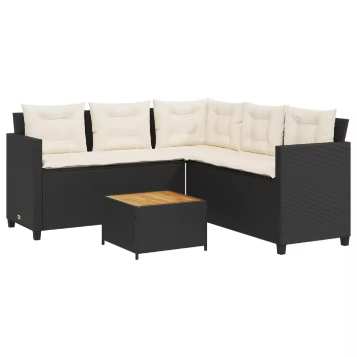 vidaXL Sofá de jardín en forma de L con mesa y cojines ratán PE negro - 1