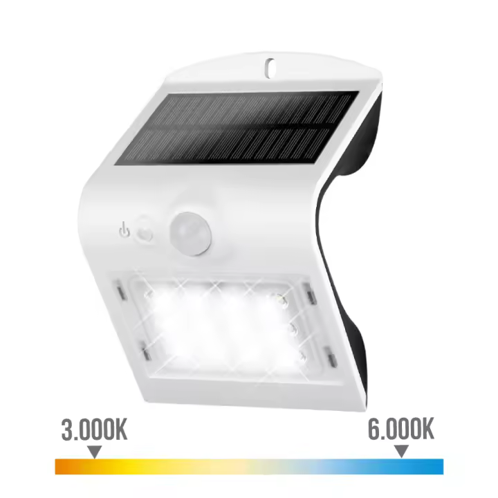 aplique solar 1,5w 220lm recargable. sensor de presencia (2-6m) color blanco 9,6x7,3x14cm edm - 1
