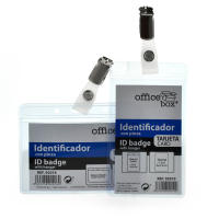 Office Box - Pack 10 Unidades. Funda Extra cristal para Tarjeta ID con Pinza metálica que no daña a ropa, Material Extra Rígido con Pinza Metálica Giratoria y broche. Disponible en Horizontal y Vertical. - details 0