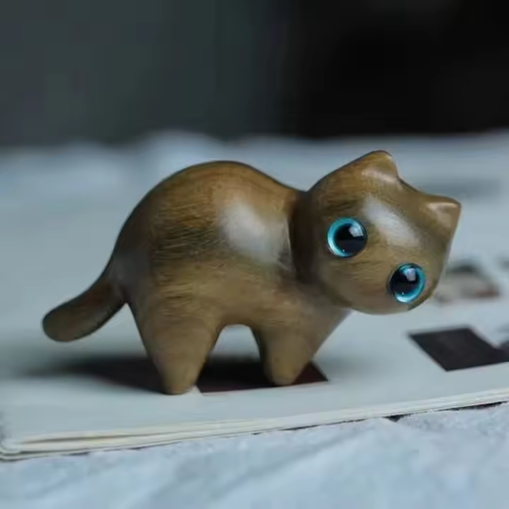 Gato De Madera Carved Sandalwood Decoración Artesanal Para Escritorio Figura De Arte De Gato Madera Ornaments De Animal Estilo Pastoral - 1