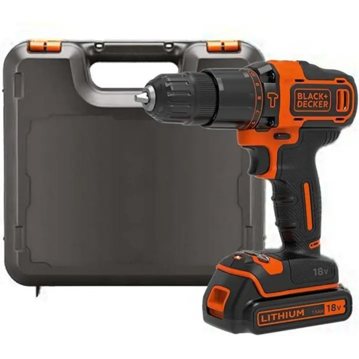 Black & Decker BDCHD18K-QW Taladro Percutor 18V, 40Nm, Portabrocas 10mm, 0-360/1.400 RPM, 21.000 IPM, Incluye 1 Batería 1,5Ah de Litio, Cargador y Maletín - 1