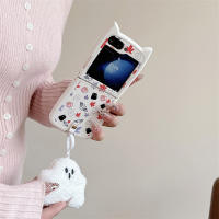 Funda De Teléfono Con Colgante Y Aros Para Samsung Galaxy Z Flip 6 5 4 3 ZFlip 6 Con Orejas De Gato Diseño De Luna Y Fantasma Blanco Y Rosa - details 6