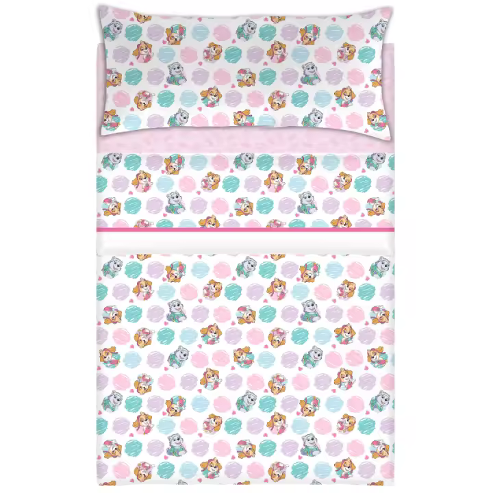 Paw Patrol Juego de Sábanas Patrulla Canina, 3 Piezas, 100% Microfibra, Azul y Rosa, para Cama 90 cm - 1