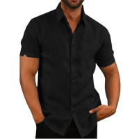 Camisa Casual Para Hombre De Algodón Y Lino De Estilo Playa Con Cuello En V Y Mangas Cortas Talla Grande Color Sólido Para Verano - details 4