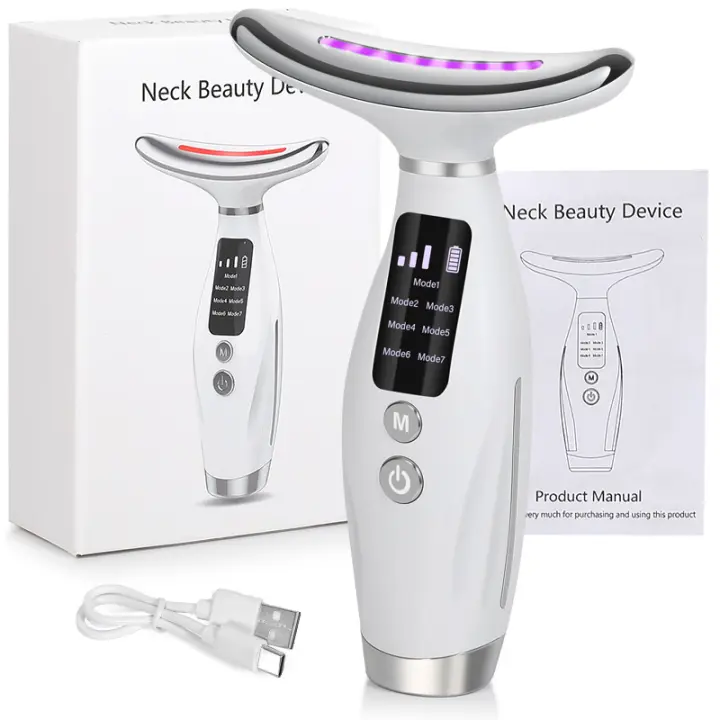 Masajeador facial y de cuello LED de 7 colores, recargable por USB, herramienta multifuncional para el cuidado de la piel para mujeres. - 1