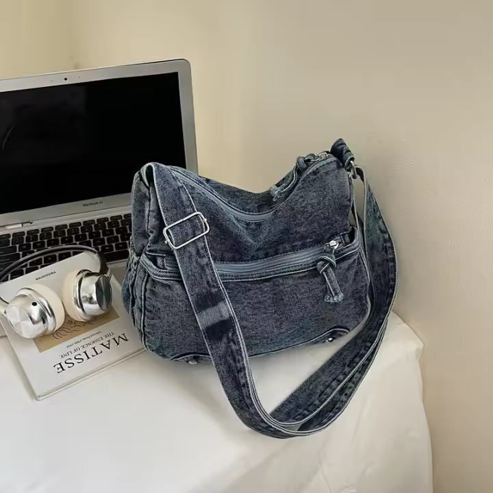 Bolso De Hombro Casual De Denim Lavado Resistente Al Desgaste Con Múltiples Bolsillos Y Gran Capacidad Para Mujer - 1