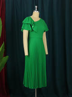 Vestido Midi Plisado Para Mujer Con Manga Corta Y Volantes Elegante Verde Amarillo A-Line Primavera Verano Chic Moda Fiesta Cumpleaños Ropa Decoración Borde Asimétrico Estilo Africano Cierre De Cremallera - details 9