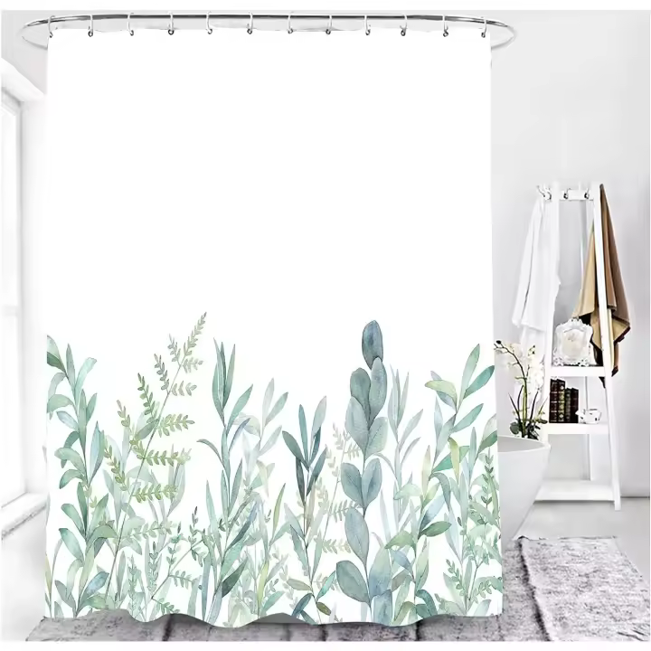 Cortina de ducha con diseño de hojas verdes, flores, plantas, baño, cortina textil con efecto antimoho, lavable, incluye 12 anillos en C, peso inferior 180 x 200 cm (ancho x alto) - 1