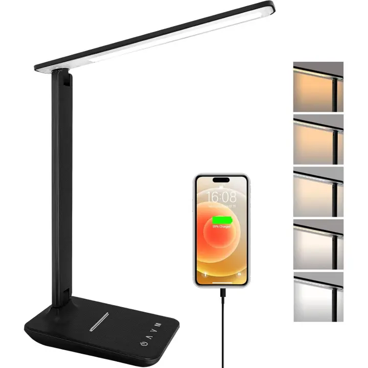 Lámpara de escritorio LED-Lámpara de escritorio-Lámpara de luz diurna - Lámpara de lectura LED-Con puerto de carga USB - 5 modos de luz - Lámpara de escritorio táctil - Lámpara de punta plegable - Para estudio, trabajo, lectura, oficina, mesita de noche - 1
