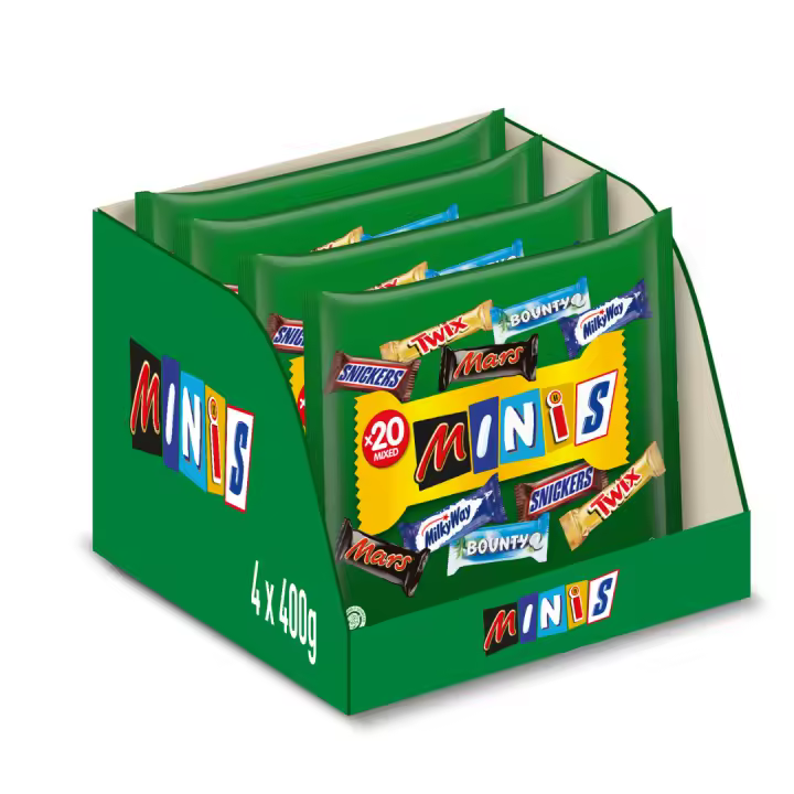 Minis Surtido de Chocolatinas en Formato Mini, 4 Bolsas de 400g, 80 Pequeñas Chocolatinas: Mars, Snickers, Twix, Milky Way, Bounty. Ideales para Fiestas, Recepción de Hoteles, para Compartir, para Llevar a Cualquier Parte, Para Tomar con el Café - 1