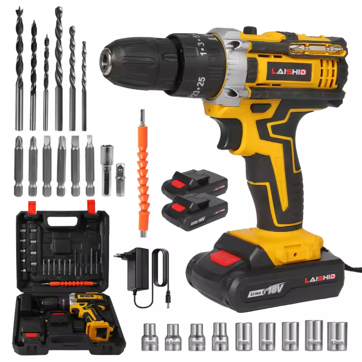 Juego de Taladro Atornillador Inalambrico 18V 23 Piezas con Portabrocas Sin Llave de 38 Pulgada 25+3 Par de Apriete 45Nm Luz de Trabajo 1800 RPM Taladro Recargable Bateria 1500mAh*5 Kit para Bricolaje Domestico - 1