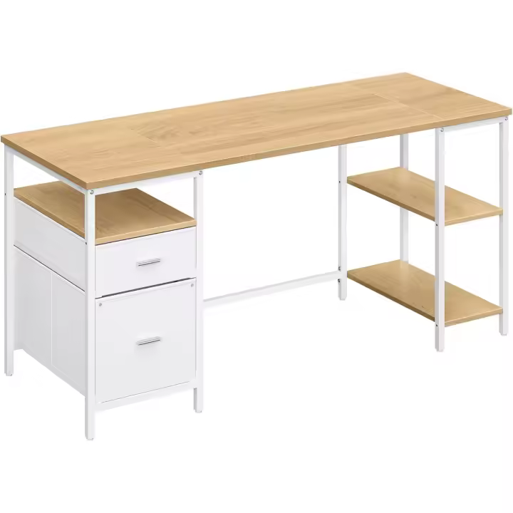 Computer Desk Office Table with 3 Shelves, 2 Drawers, 127 x 50 x 76 cm, for Office, Living Room, Industrial Style, Natural Oak and Matte White - 1