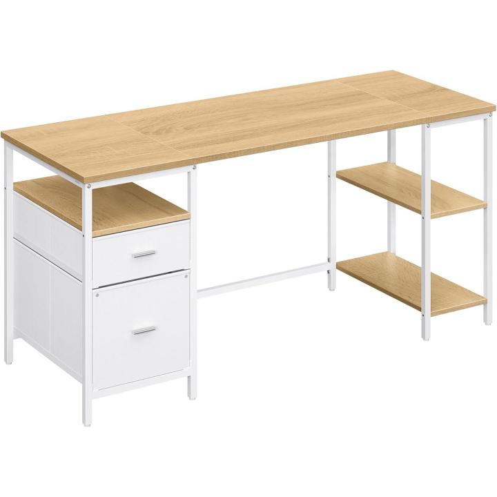 Computer Desk Office Table with 3 Shelves, 2 Drawers, 127 x 50 x 76 cm, for Office, Living Room, Industrial Style, Natural Oak and Matte White