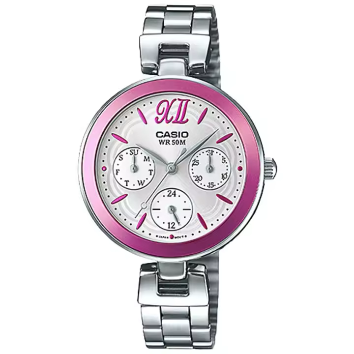 Casio Dress Ltp-e407d-4avdf Reloj De Pulsera Analógico Con Calendario Multifunción Para Mujer. Color Plateado. Bisel Rosa - 1