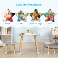 HOMCOM Juego de Mesa y 2 Sillas de Madera para Niños con Mesa Redondo Ø59x50 cm y Sillas Ø28x51 cm Muebles Infantiles para Sala de Juego Dormitorio Gris - details 0