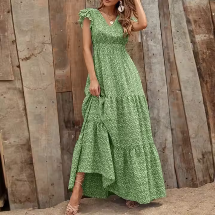 Falda Larga Bohemia Con Estampado Floral Vuelta En V Cintura Alta Para Fiesta Primavera Otoño Mujer Elegante Y Fluidez - 1
